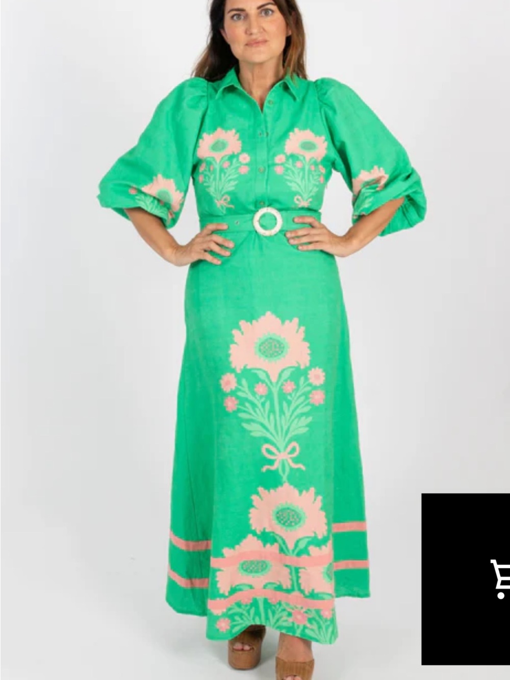 Green Midi Dress with Pink Floral Embroidery and Belt